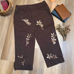 Upcycled Cropped Denim Jeans Floral Patchwork Cottagecore Pants, Size 12